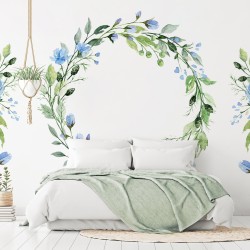 Fototapete - Romantic wreath - plant motif with blue flowers and leaves