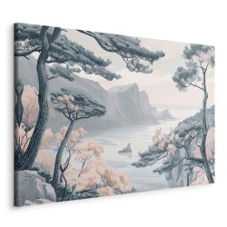 Leinwandbild - Mountainous Coast with Trees and Rocks in Light Pastel Blues