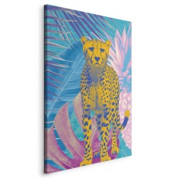 Leinwandbild - Exotic Leopard - Colorful Portrait of a Cheetah Against Tropical Leaves