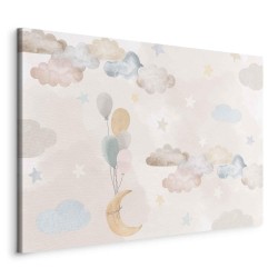 Leinwandbild - Fairy-Tale Moon - Pastel Moon with Balloons Among Colorful Clouds and Stars in Subdued Colors on a Light 