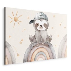 Leinwandbild - Happy Sloth - Sloth in Subdued Colors Wearing a Cap Sitting on a Rainbow Among Little Stars