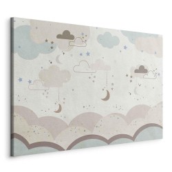 Leinwandbild - Cloudy Night Sky - Moons in Brown and Beige Hues Among Clouds and Numerous Little Stars on a Light Backgr