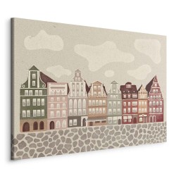 Leinwandbild - Salt Square - Colorful Illustrated Townhouses Against a Cloudy Sky Background