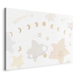 Leinwandbild - Fairy-Tale Galaxy - Phases of the Moon in Yellow Tones Among Stars in Beige and Ash Colors with Stardust