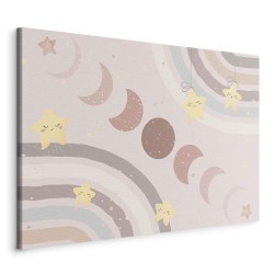 Leinwandbild - Joyful Sky - Yellow Cheerful Stars with a Rainbow Against the Phases of the Moon in a Light Beige Sky Hue