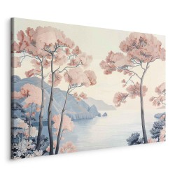 Leinwandbild - Landscape with the Ocean Cliffs and Trees in Delicate Pink Shades