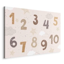 Leinwandbild - Jumping Numbers - Numbers in a Subdued Beige-Brown Hue Among Snowflakes Stars and Clouds