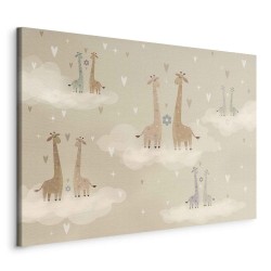 Leinwandbild - Love - Colorful Giraffes Floating on Clouds Among Hearts and Stars