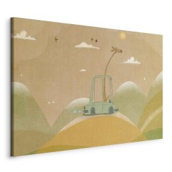 Leinwandbild - Dreamy Traveler - A Cheerful Giraffe Driving a Car on a Sunny Day