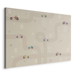 Leinwandbild - Race - Colorful Cars on a Road on a Beige Background with Inscriptions