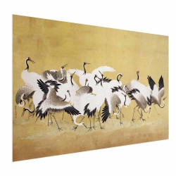 Poster - Japanese Cranes - a flock of birds against a golden background based on the painting of Ishida Yūtei