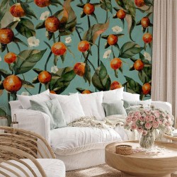 Fototapete - Orange grove - plant motif with fruit and leaves on a blue background