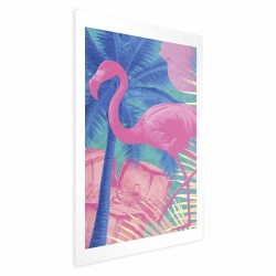 Poster - Pink Flamingo - abstract flamingo against a background of palm trees and ice cubes