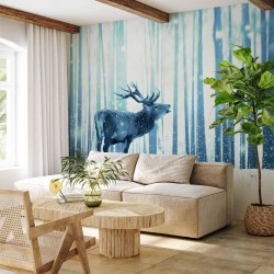 Fototapete - Winter animals - deer motif on a forest background in shades of blue