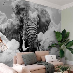 Fototapete - Elephant in the Clouds (Black and White)