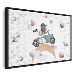 Leinwandbild - Galactic Races - A Bear Participating in Car Races Among Planets Clouds and Stars in Pastel Hues