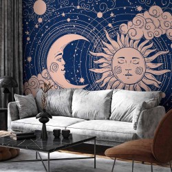 Fototapete - Cosmic Harmony - Illustration of the Sun and Moon on a Navy Background