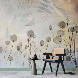 Fototapete - Minimalist meadow - floral motif in light shades with reflections