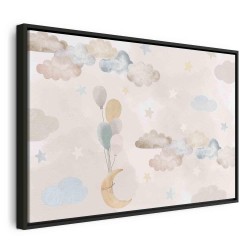 Leinwandbild - Fairy-Tale Moon - Pastel Moon with Balloons Among Colorful Clouds and Stars in Subdued Colors on a Light 