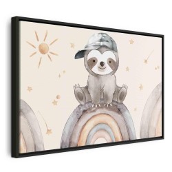 Leinwandbild - Happy Sloth - Sloth in Subdued Colors Wearing a Cap Sitting on a Rainbow Among Little Stars