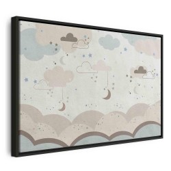 Leinwandbild - Cloudy Night Sky - Moons in Brown and Beige Hues Among Clouds and Numerous Little Stars on a Light Backgr