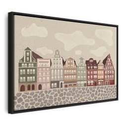 Leinwandbild - Salt Square - Colorful Illustrated Townhouses Against a Cloudy Sky Background