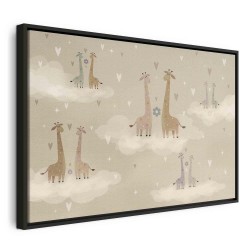 Leinwandbild - Love - Colorful Giraffes Floating on Clouds Among Hearts and Stars