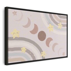 Leinwandbild - Joyful Sky - Yellow Cheerful Stars with a Rainbow Against the Phases of the Moon in a Light Beige Sky Hue