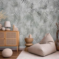 Fototapete - Minimalist landscape - nature motif with grey exotic leaves