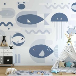 Fototapete - Minimalist ocean - geometric fish and crabs in water for kids