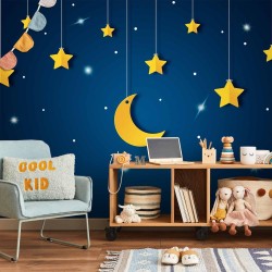 Fototapete - Skyline - night sky landscape with stars and moon for children