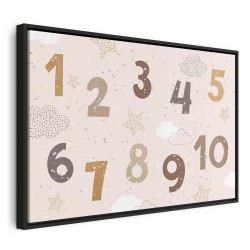 Leinwandbild - Jumping Numbers - Numbers in a Subdued Beige-Brown Hue Among Snowflakes Stars and Clouds