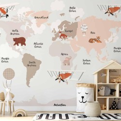 Fototapete - Map in Shades of Beige - Continents With Animals