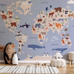 Fototapete - World Map With Animal Illustrations