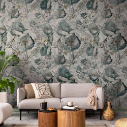 Fototapete - Autumn souvenirs - cool grey floral pattern with leaves