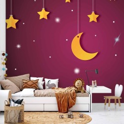 Fototapete - Skyline - violet night sky landscape with stars for children