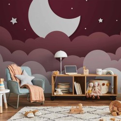 Fototapete - Moon dream - clouds in a maroon sky with stars for children