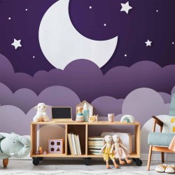 Fototapete - Moon dream - clouds in a purple sky with stars for children