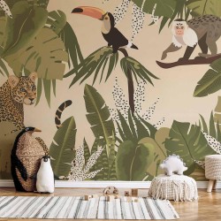 Fototapete - Leaves and Shapes - Jungle in Faded Colours With Animals