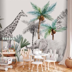 Fototapete - Jungle Animals Wallpaper for Childrens Room in Cartoon Style