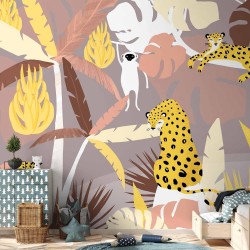 Fototapete - Cheetahs in the jungle - landscape with exotic animals with palm trees for children