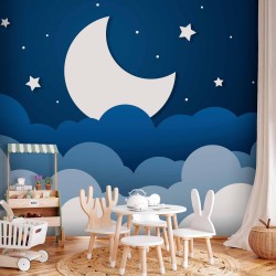 Fototapete - Moon dream - clouds on a dark blue sky with stars for children