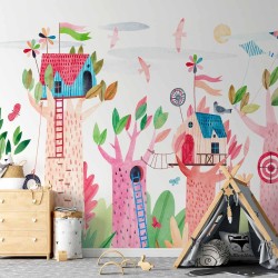 Fototapete - Painted tree houses - a colourful fantasy with kites for children