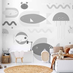 Fototapete - Minimalist grey ocean - geometric fish in water for children