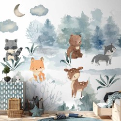 Fototapete - Forest Games - Animals in a Forest Painted in Watercolours