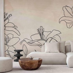 Fototapete - Sketch of nature - minimalist lineart with lily flowers on a beige background