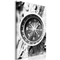 Leinwandbild - Direction of the Road (1-part) - Black and White Compass on Tree Background