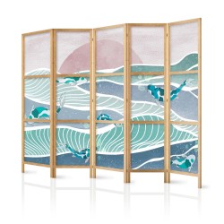 Japanischer Paravent - Koi Fish Among Waves - Japanese Fish Among Waves in Shades of Turquoise and White