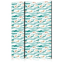 Paravent - Fish Leaping Above the Waves - Oriental Fish and Water Lilies Among High Waves in Sea Green Colors