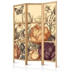 Japanischer Paravent - Tulips in Cream - Illustration of Flowers and Butterflies on a Light Background